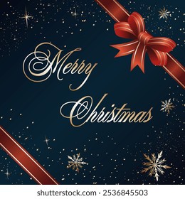 Ilustração com presente de Natal.Ilustração vetor da caixa de presente de Natal com texto dourado, flocos de neve e confete.