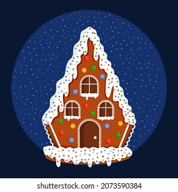 Illustration of Christmas gingerbread house with sweets on a background of the starry sky for a postcard, banner, poster and website.
