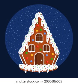 Illustration of Christmas gingerbread house with sweets on a background of the starry sky for a postcard, banner, poster and website
