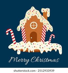 An illustration of a Christmas gingerbread house with sweets and sprinkles. Suitable for postcards, banners, posters and websites