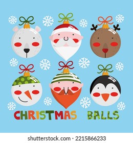 Illustration of Christmas glass balls, with drawings of Christmas characters
