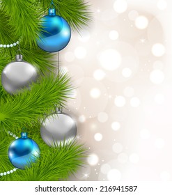 Illustration Christmas glowing background with fir branches and glass balls - vector