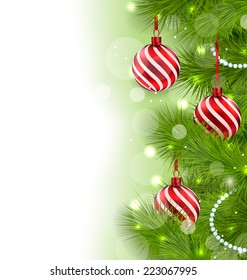 Illustration Christmas glowing background with fir branches and glass balls - vector