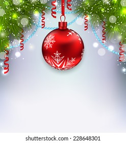 Illustration Christmas glowing background with glass ball, fir branches, streamer - vector