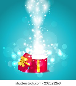 Illustration Christmas glowing background with open round gift box - vector 