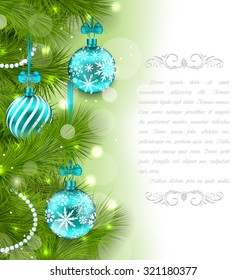 Illustration Christmas Glowing Card with Fir Twigs and Glass Balls - Vector