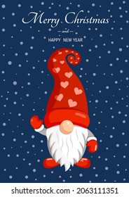 Illustration of a Christmas gnome on a background of snow for a postcard, banner, textiles, decor. Scandinavian Nordic Gnome, Cute Christmas Santa Gnome Elf. Vector.