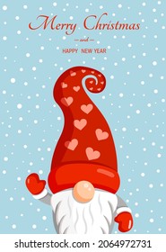 Illustration of a Christmas gnome on a background of snow for a postcard, banner, textiles, decor. Scandinavian Nordic Gnome, Cute Christmas Santa Gnome Elf. Vector