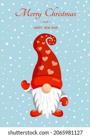 Illustration of a Christmas gnome on a background of snow for a postcard, banner, textiles, decor. Scandinavian Nordic Gnome, Cute Christmas Santa Gnome Elf. Vector.