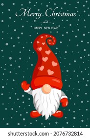 Illustration of a Christmas gnome on a background of snow for a postcard, banner, textiles, decor. Scandinavian Nordic Gnome, Cute Christmas Santa Gnome Elf. Vector