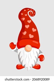 Illustration of Christmas gnome on an isolated background for a postcard, banner, textiles, decor. Scandinavian Nordic Gnome, Cute Christmas Santa Gnome Elf. Vector.