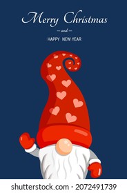 Illustration of a Christmas gnome on an isolated background for a postcard, banner, textiles, decor. Scandinavian Nordic Gnome, Cute Christmas Santa Gnome Elf. Vector.
