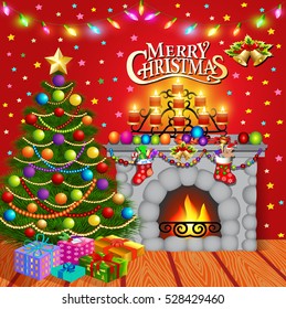 illustration Christmas greeting card with candles Christmas tree and fireplace