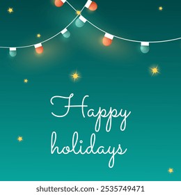 Illustration of a Christmas greeting card featuring greetings, red and blue twinkling lights and stars on a blue-green background. Vector greeting card with Merry Christmas wishes for happy holidays.