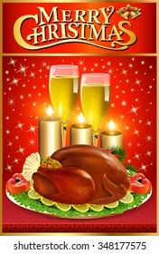 illustration Christmas greeting card with turkey and candles