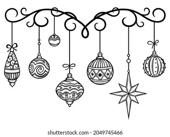 Illustration of Christmas hanging decorations. Stylized Christmas tree decoration. Cute decor for New Years celebration.