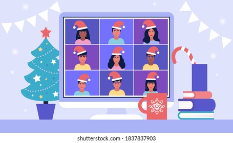 Illustration of Christmas and happy new year theme. Illustration of conference video call, video call to a friend, study online, business meeting. Colorful flat vector illustration
