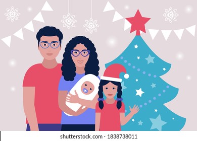 Illustration of Christmas and happy new year theme. Illustration of Mother and father with children. Family concept. Colorful flat vector illustration.