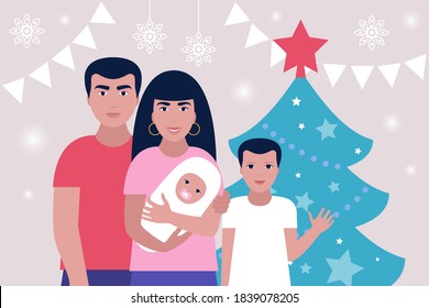 Illustration of Christmas and happy new year theme. Illustration of Mother and father with children. Family concept. Colorful flat vector illustration.
