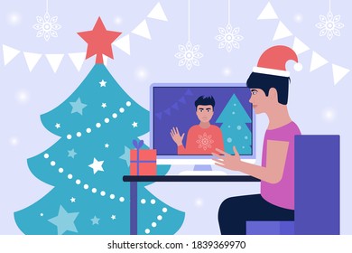 Illustration of Christmas and happy new year theme. Workflow illustration. Young woman with computer. Communication in social networks, online meeting, video call. Vector illustration in a flat style