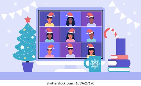 Illustration of Christmas and happy new year theme. Illustration of conference video call, video call to a friend, study online, business meeting. Colorful flat vector illustration