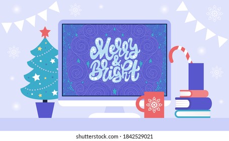 Illustration of Christmas and happy new year theme. Hand drawn lettering. Postcard on the computer. Design for card, banners, posters and other. Vector illustration in a flat style