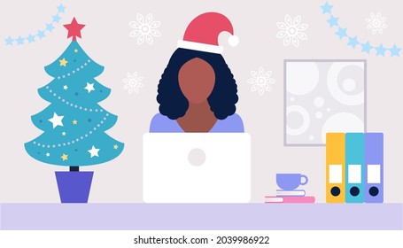 Illustration of Christmas and happy new year theme. Illustration of woman with laptop. Communication in social networks, mail, online meeting, video call. Vector illustration in a flat style
