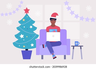Illustration of Christmas and happy new year theme. Illustration of man with laptop. Communication in social networks, mail, online meeting, video call. Vector illustration in a flat style