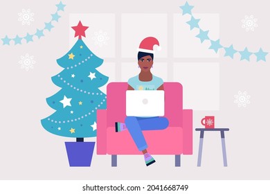 Illustration of Christmas and happy new year theme. Illustration of woman with laptop. Communication in social networks, mail, online meeting, video call. Vector illustration in a flat style