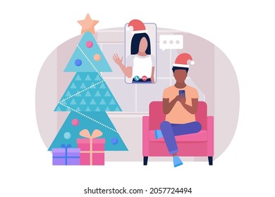 Illustration of Christmas and happy new year theme. Illustration of conference video call, video call to a friend, study online, business meeting. Colorful flat vector illustration