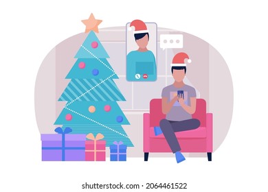 Illustration of Christmas and happy new year theme. Illustration of conference video call, video call to a friend, study online, business meeting. Colorful flat vector illustration