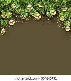 Illustration Christmas Holiday Background with Fir Twigs and Golden Glass Balls - Vector