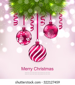 Illustration Christmas Invitation with Fir Twigs and Glass Balls - Vector