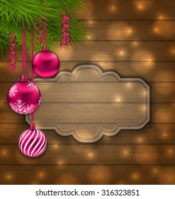 Illustration Christmas Label with Balls and Fir Twigs on Wooden Texture with Light - vector