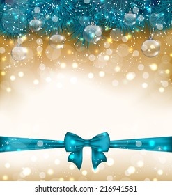 Illustration Christmas light background with realistic fir twigs, balls, ribbon bow - vector