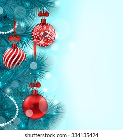 Illustration Christmas Lighten Background with Blue Fir Twigs and Red Glass Balls, Copy Space for Your Text - Vector