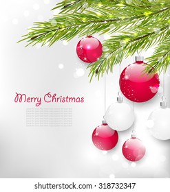 Illustration Christmas Lighten Card with Fir Branches and Glass Balls - Vector