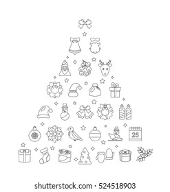 Illustration Christmas Line Traditional Symbols, Simple Outline Style - Vector