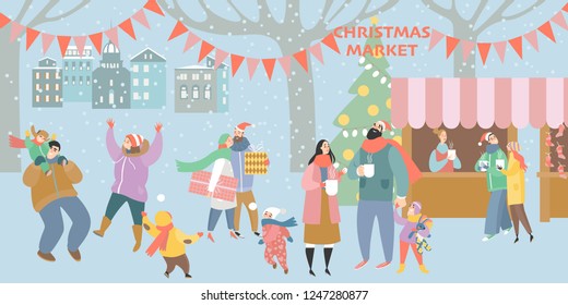 Illustration Of A Christmas Market With Happy People Drinking Mulled Wine And Having A Rest With Family. City Square On A Cold December Day