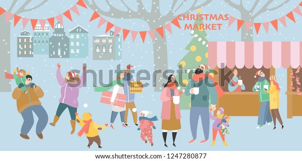 Download Illustration Christmas Market Happy People Drinking Stock Vector Royalty Free 1247280877 PSD Mockup Templates