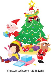 Illustration of Christmas morning opening presents