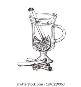 Illustration of Christmas mulled wine or gluhwein with spices and orange slices.Sketch Traditional hot drink at Christmas time.