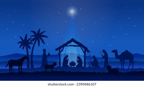 Illustration of Christmas Nativity scene. Nativity scene silhouette. Christian Christmas silhouette of animals with the three wise men. 