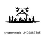 Illustration of Christmas Nativity scene with the three wise man, silhouette birth of baby christ