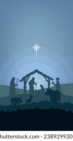 Ilustración de la escena de la Natividad de Navidad con los tres sabios que van a conocer al bebé Jesús en el pesebre.