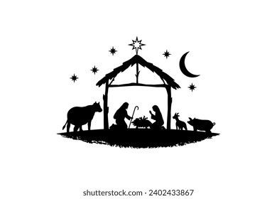 Illustration of Christmas Nativity scene with the three wise man, silhouette birth of baby christ