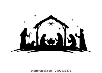 Illustration of Christmas Nativity scene with the three wise man, silhouette birth of baby christ