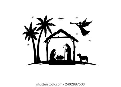 Illustration of Christmas Nativity scene with the three wise man, silhouette birth of baby christ