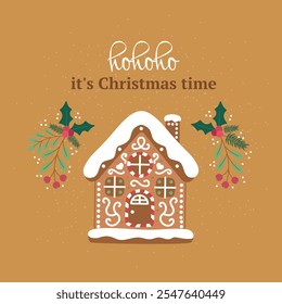 Illustration with a Christmas and New Year cookie flowers and fir branches on a yellow background