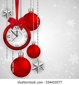 Illustration of Christmas or New Year decoration with red clock, bow, balls, silver beads, stars and snowflake background
